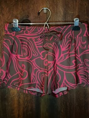 Athleta Brown Bike Shorts with Pink Swirl Print